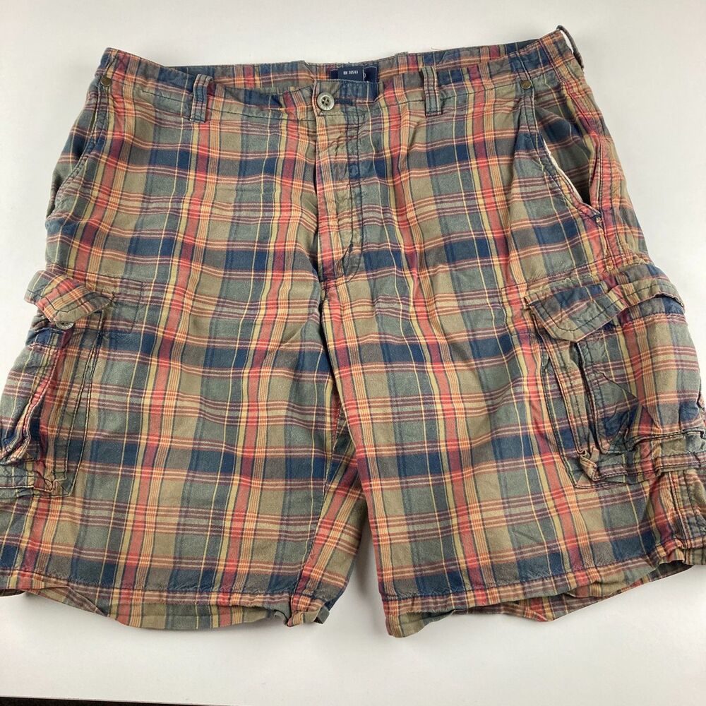 IZOD Mens Cargo Shorts Size 36 Plaid 100% Cotton Casual Utility Flat Front